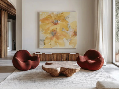 Golden Clematis I by Chris Paschke. Shown as extra-large giant wall art in a modern living room. Available as an archival giclee rolled canvas, fine art paper, or poster print. SKU 50267a.