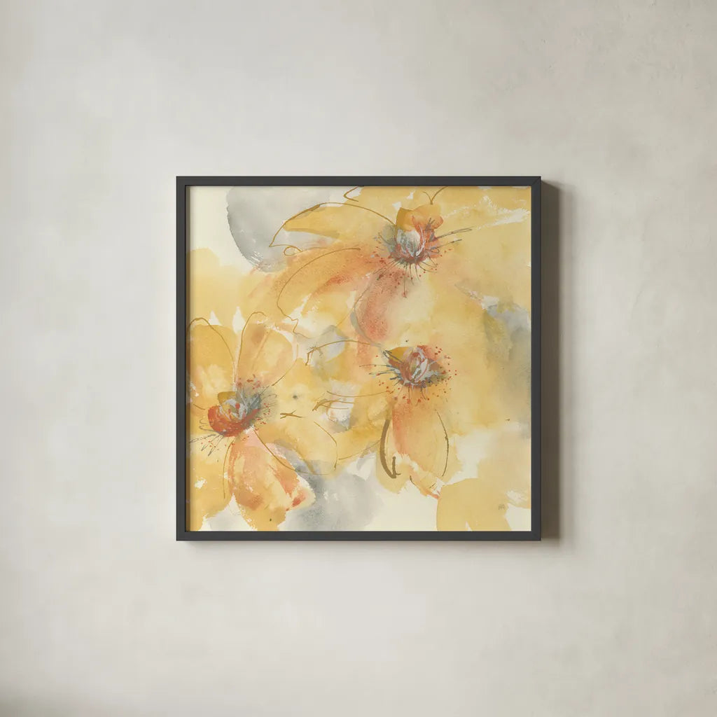 Golden Clematis II by Chris Paschke. Shown in a sleek black glass frame for a contemporary gallery look. Available as an archival giclee rolled canvas, fine art paper, or poster print. SKU 50268a.