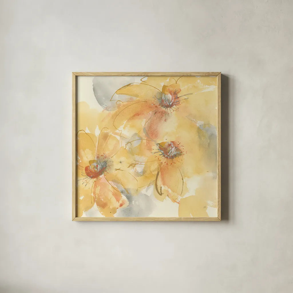 Golden Clematis II by Chris Paschke. Shown in a natural wood glass frame for a timeless modern aesthetic. Available as an archival giclee rolled canvas, fine art paper, or poster print. SKU 50268a.