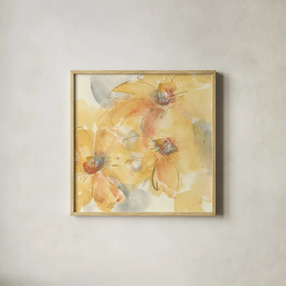 Golden Clematis II by Chris Paschke. Shown in a natural wood glass frame for a timeless modern aesthetic. Available as an archival giclee rolled canvas, fine art paper, or poster print. SKU 50268a.