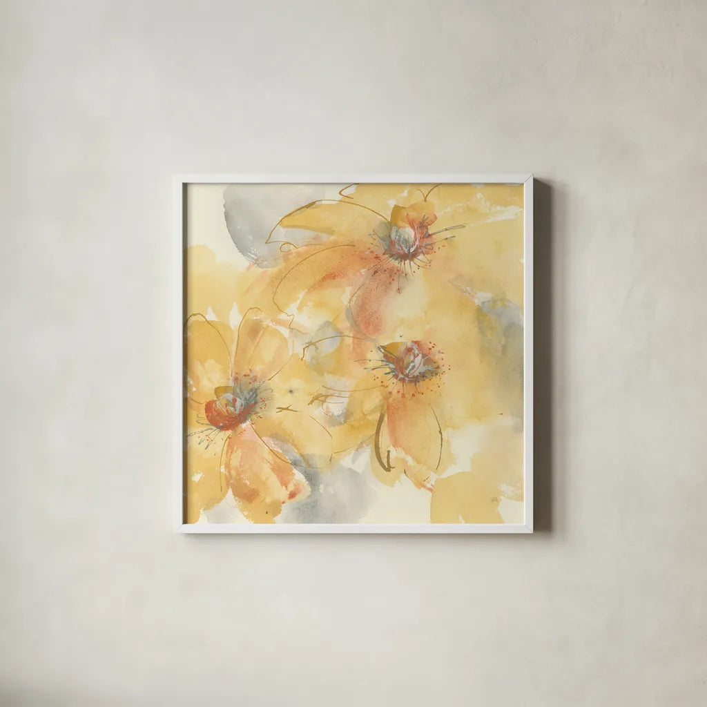 Golden Clematis II by Chris Paschke. Shown in a crisp white glass frame for a clean and minimalist style. Available as an archival giclee rolled canvas, fine art paper, or poster print. SKU 50268a.