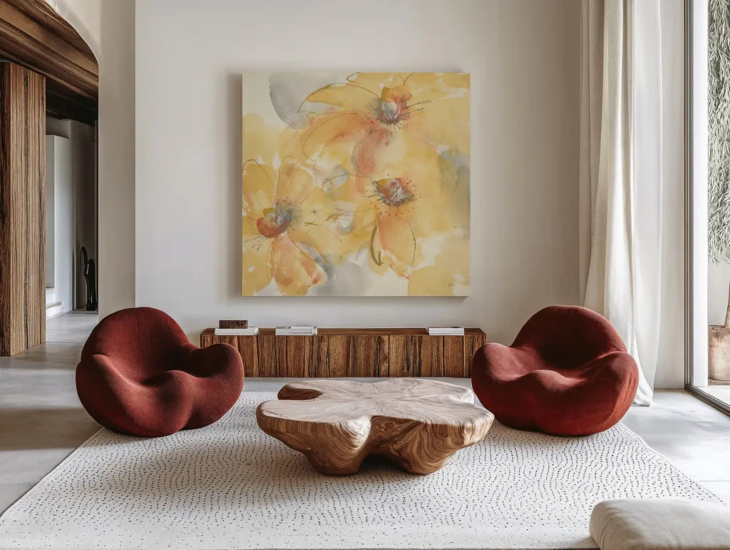 Golden Clematis II by Chris Paschke. Shown as extra-large giant wall art in a modern living room. Available as an archival giclee rolled canvas, fine art paper, or poster print. SKU 50268a.