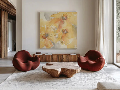 Golden Clematis II by Chris Paschke. Shown as extra-large giant wall art in a modern living room. Available as an archival giclee rolled canvas, fine art paper, or poster print. SKU 50268a.