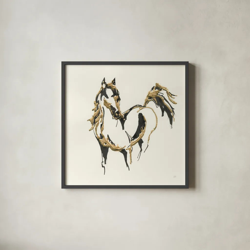 Golden Horse VII by Chris Paschke. Shown in a sleek black glass frame for a contemporary gallery look. Available as an archival giclee rolled canvas, fine art paper, or poster print. SKU 49931a.