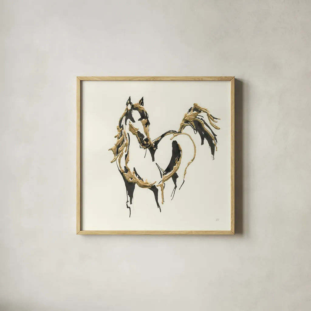 Golden Horse VII by Chris Paschke. Shown in a natural wood glass frame for a timeless modern aesthetic. Available as an archival giclee rolled canvas, fine art paper, or poster print. SKU 49931a.