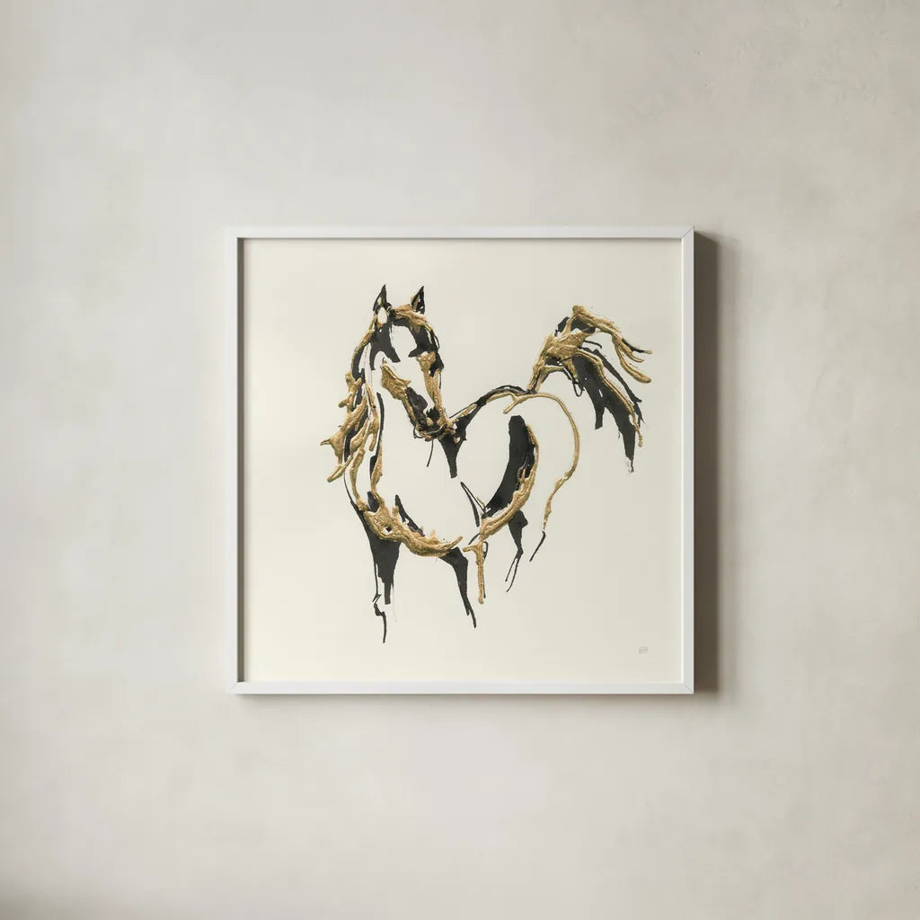 Golden Horse VII by Chris Paschke. Shown in a crisp white glass frame for a clean and minimalist style. Available as an archival giclee rolled canvas, fine art paper, or poster print. SKU 49931a.