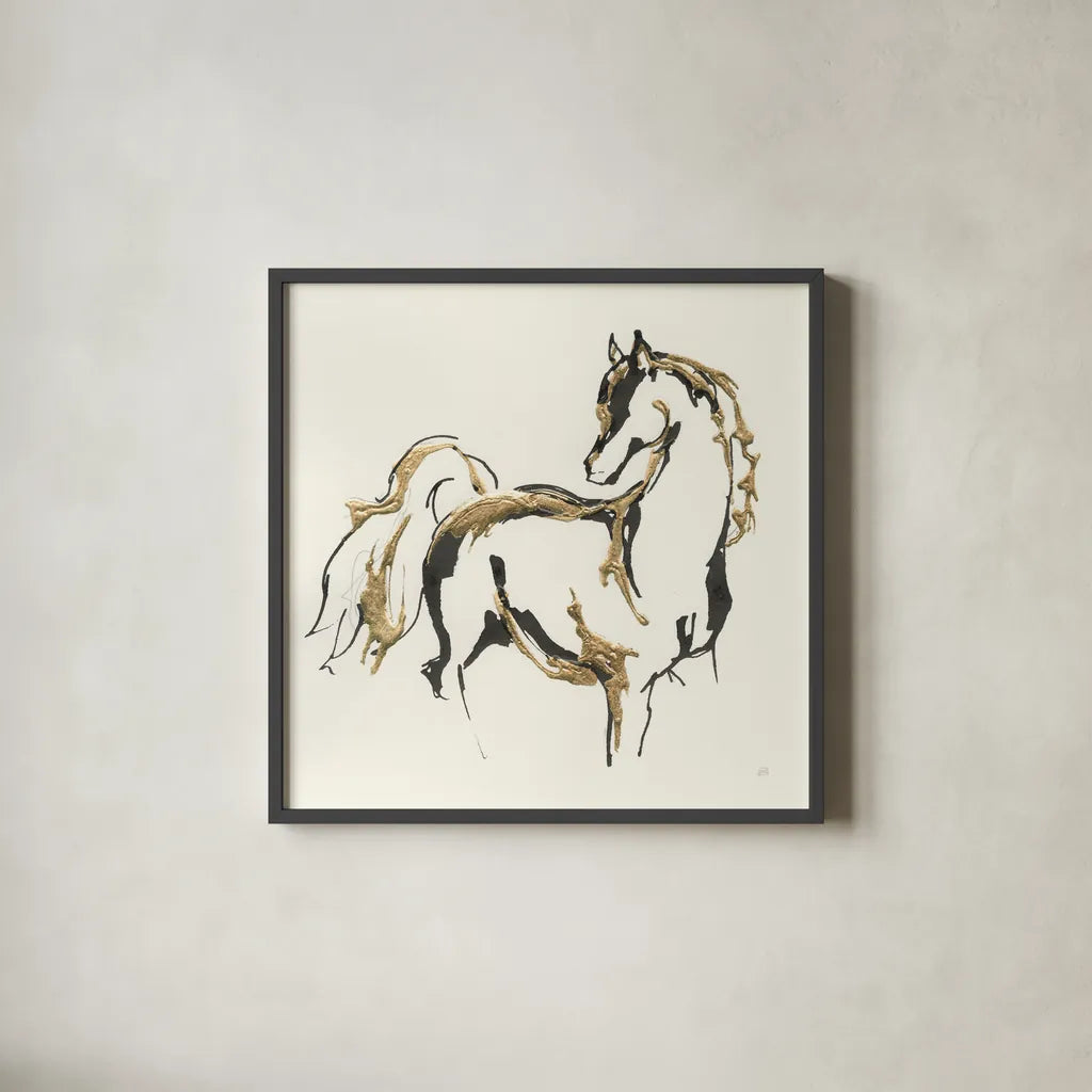 Golden Horse VIII by Chris Paschke. Shown in a sleek black glass frame for a contemporary gallery look. Available as an archival giclee rolled canvas, fine art paper, or poster print. SKU 49932a.