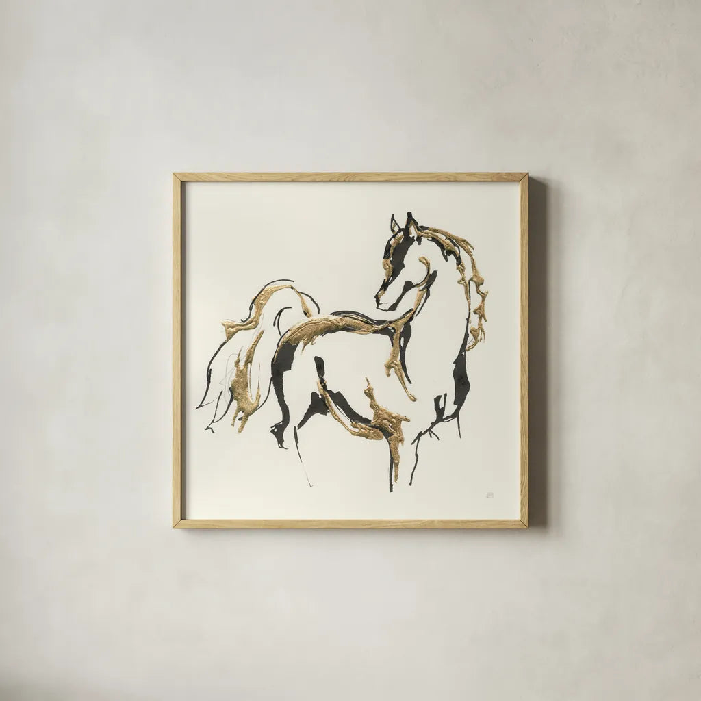 Golden Horse VIII by Chris Paschke. Shown in a natural wood glass frame for a timeless modern aesthetic. Available as an archival giclee rolled canvas, fine art paper, or poster print. SKU 49932a.