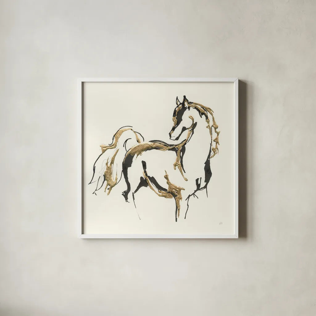 Golden Horse VIII by Chris Paschke. Shown in a crisp white glass frame for a clean and minimalist style. Available as an archival giclee rolled canvas, fine art paper, or poster print. SKU 49932a.