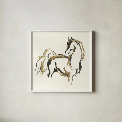 Golden Horse VIII by Chris Paschke. Shown in a crisp white glass frame for a clean and minimalist style. Available as an archival giclee rolled canvas, fine art paper, or poster print. SKU 49932a.