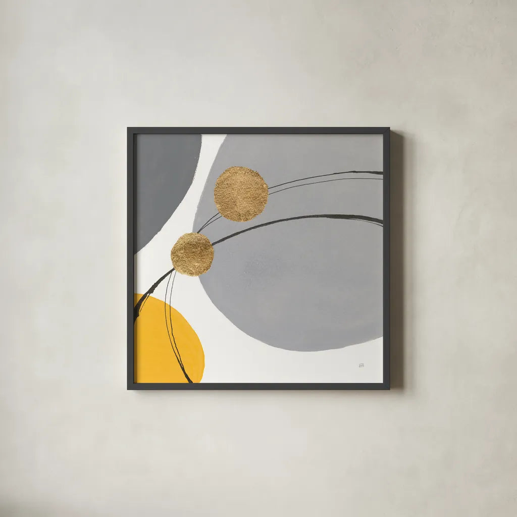 Golden Orbs I by Chris Paschke. Shown in a sleek black glass frame for a contemporary gallery look. Available as an archival giclee rolled canvas, fine art paper, or poster print. SKU 88078a.