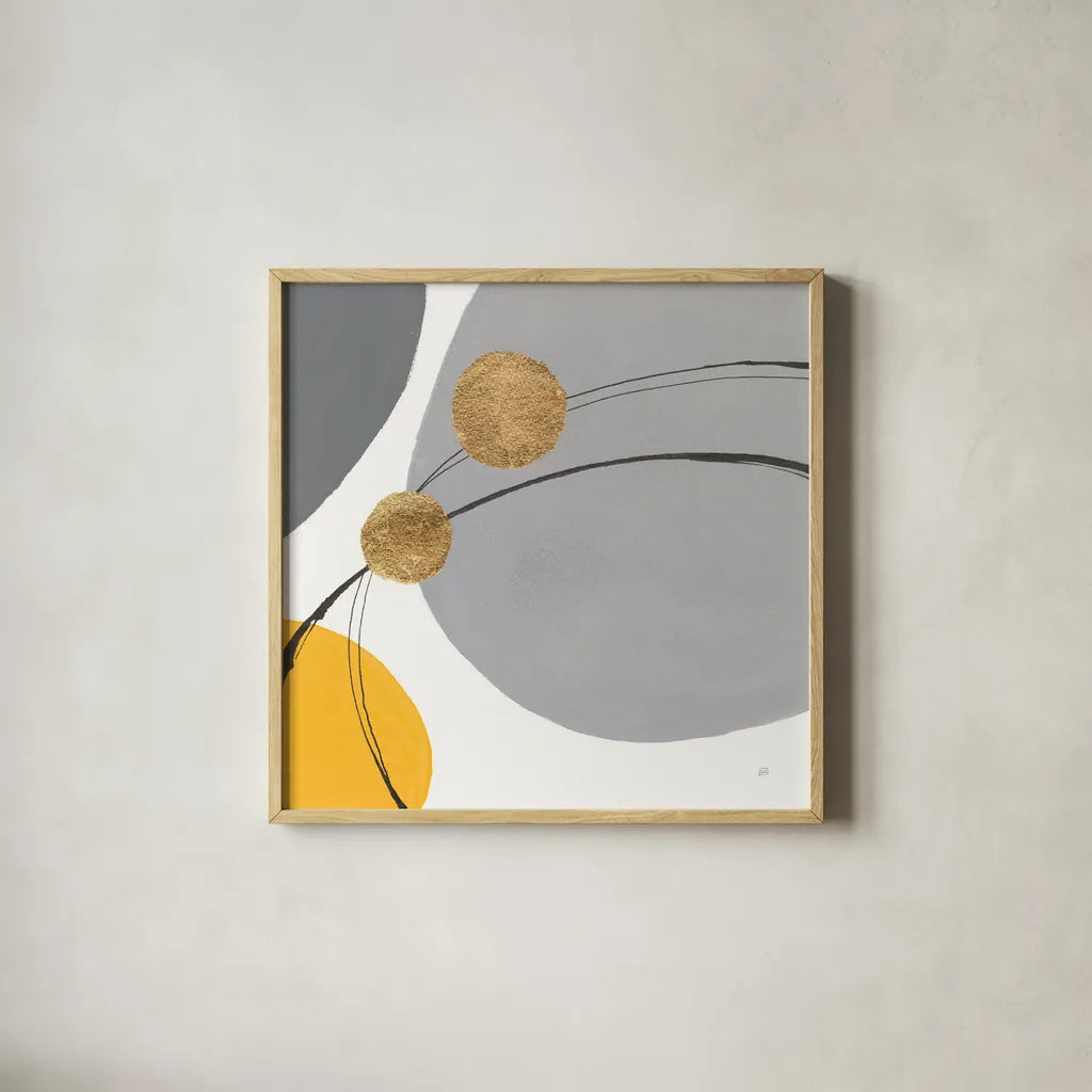 Golden Orbs I by Chris Paschke. Shown in a natural wood glass frame for a timeless modern aesthetic. Available as an archival giclee rolled canvas, fine art paper, or poster print. SKU 88078a.