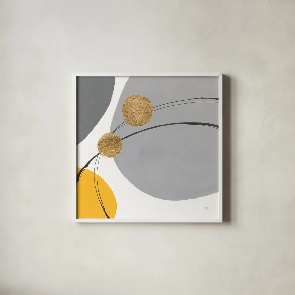 Golden Orbs I by Chris Paschke. Shown in a crisp white glass frame for a clean and minimalist style. Available as an archival giclee rolled canvas, fine art paper, or poster print. SKU 88078a.