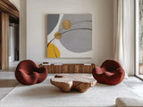 Golden Orbs I by Chris Paschke. Shown as extra-large giant wall art in a modern living room. Available as an archival giclee rolled canvas, fine art paper, or poster print. SKU 88078a.