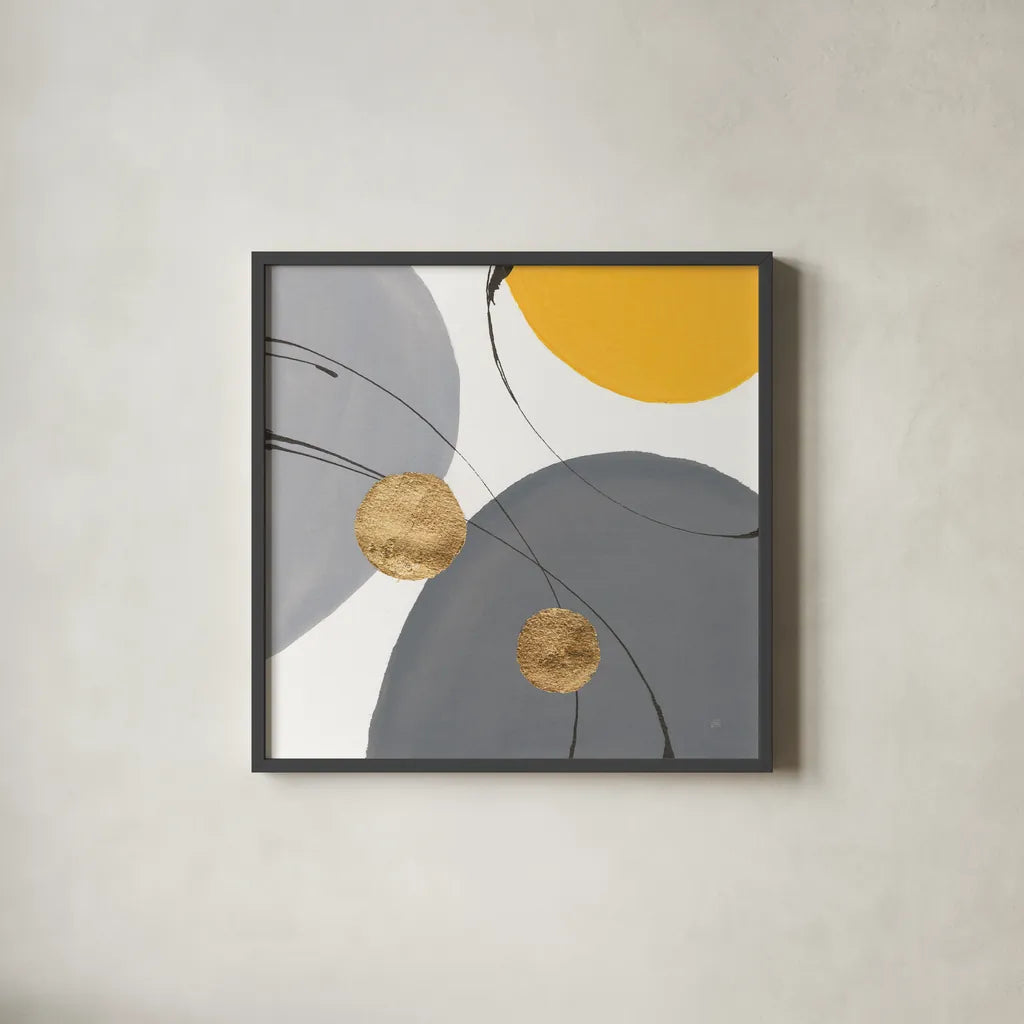 Golden Orbs II by Chris Paschke. Shown in a sleek black glass frame for a contemporary gallery look. Available as an archival giclee rolled canvas, fine art paper, or poster print. SKU 88079a.