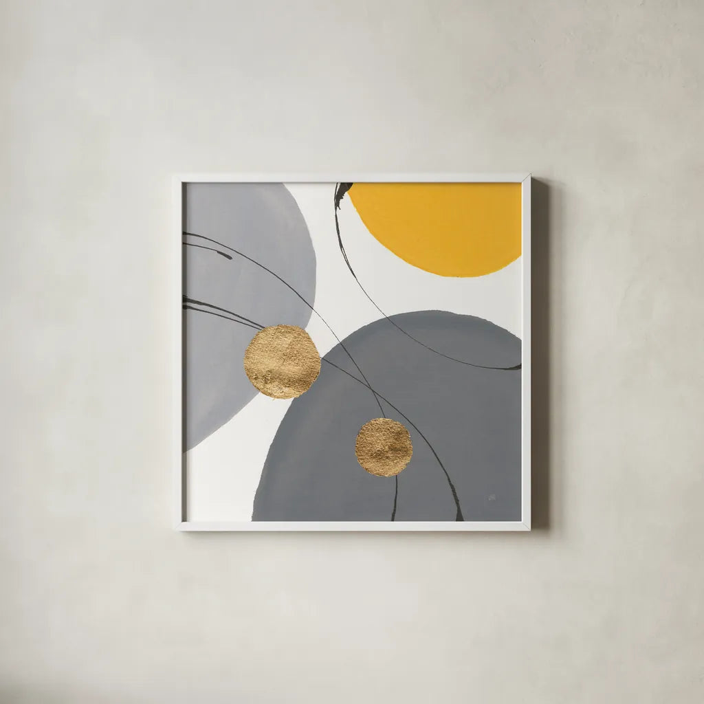 Golden Orbs II by Chris Paschke. Shown in a crisp white glass frame for a clean and minimalist style. Available as an archival giclee rolled canvas, fine art paper, or poster print. SKU 88079a.