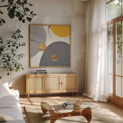 Golden Orbs II by Chris Paschke. Shown in a natural wood frame in a cozy modern living room. Available as an archival giclee rolled canvas, fine art paper, or poster print. SKU 88079a.