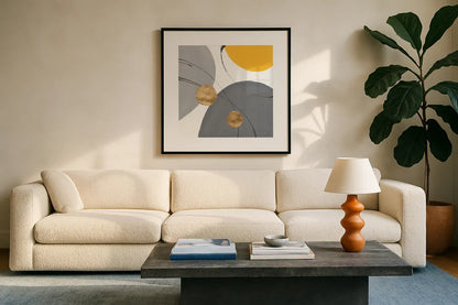 Golden Orbs II by Chris Paschke. Displayed in a glass frame with matte in a clean modern living room. Available as an archival giclee rolled canvas, fine art paper, or poster print. SKU 88079a.