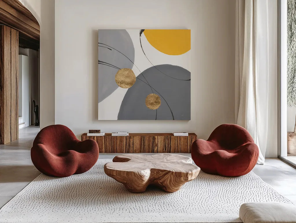 Golden Orbs II by Chris Paschke. Shown as extra-large giant wall art in a modern living room. Available as an archival giclee rolled canvas, fine art paper, or poster print. SKU 88079a.