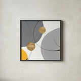 Golden Orbs III by Chris Paschke. Shown in a sleek black glass frame for a contemporary gallery look. Available as an archival giclee rolled canvas, fine art paper, or poster print. SKU 88080a.