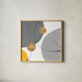 Golden Orbs III by Chris Paschke. Shown in a natural wood glass frame for a timeless modern aesthetic. Available as an archival giclee rolled canvas, fine art paper, or poster print. SKU 88080a.