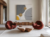 Golden Orbs III by Chris Paschke. Shown as extra-large giant wall art in a modern living room. Available as an archival giclee rolled canvas, fine art paper, or poster print. SKU 88080a.