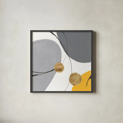 Golden Orbs IV by Chris Paschke. Shown in a sleek black glass frame for a contemporary gallery look. Available as an archival giclee rolled canvas, fine art paper, or poster print. SKU 88081a.