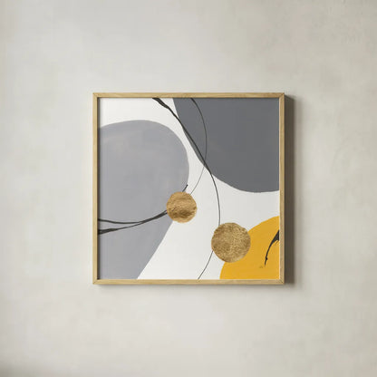 Golden Orbs IV by Chris Paschke. Shown in a natural wood glass frame for a timeless modern aesthetic. Available as an archival giclee rolled canvas, fine art paper, or poster print. SKU 88081a.