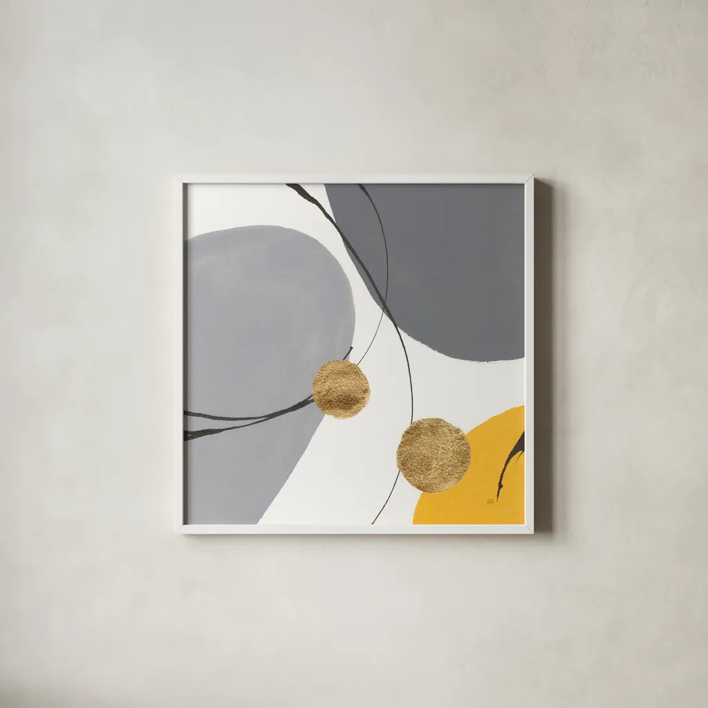 Golden Orbs IV by Chris Paschke. Shown in a crisp white glass frame for a clean and minimalist style. Available as an archival giclee rolled canvas, fine art paper, or poster print. SKU 88081a.