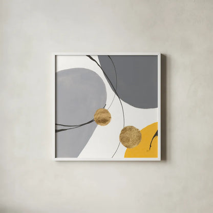 Golden Orbs IV by Chris Paschke. Shown in a crisp white glass frame for a clean and minimalist style. Available as an archival giclee rolled canvas, fine art paper, or poster print. SKU 88081a.