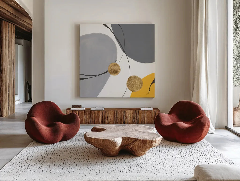 Golden Orbs IV by Chris Paschke. Shown as extra-large giant wall art in a modern living room. Available as an archival giclee rolled canvas, fine art paper, or poster print. SKU 88081a.