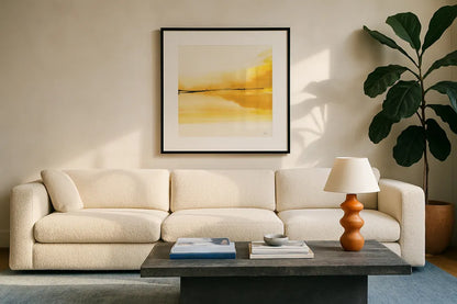 Golden Reflection II by Chris Paschke. Displayed in a glass frame with matte in a clean modern living room. Available as an archival giclee rolled canvas, fine art paper, or poster print. SKU 39674a.