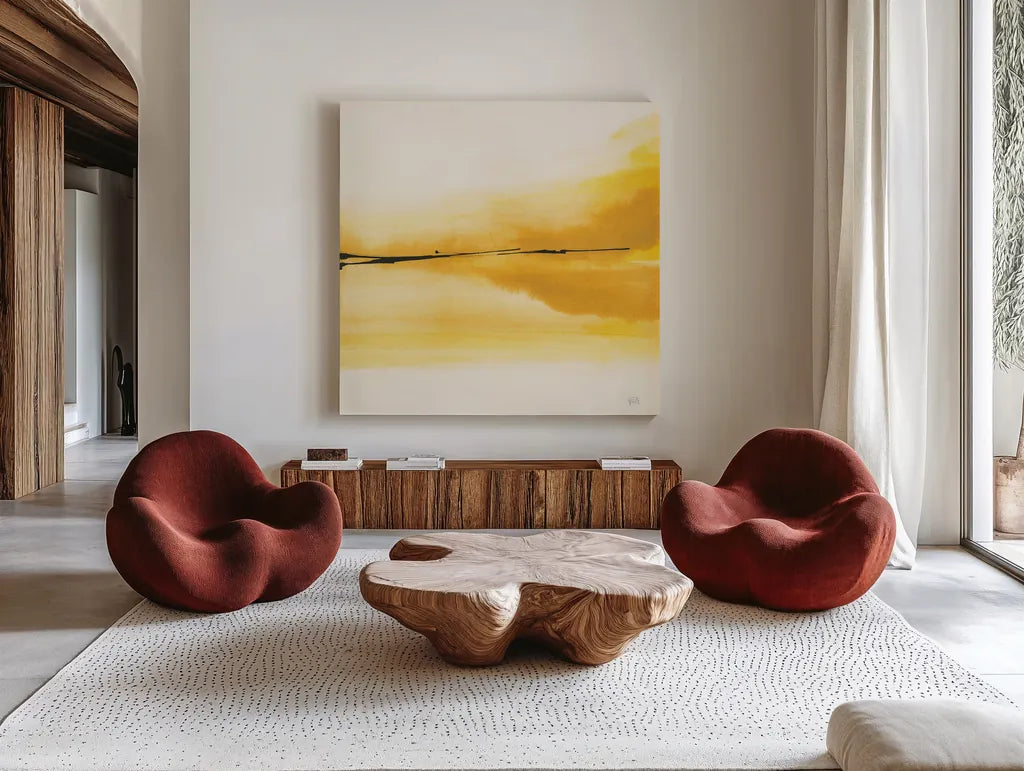 Golden Reflection II by Chris Paschke. Shown as extra-large giant wall art in a modern living room. Available as an archival giclee rolled canvas, fine art paper, or poster print. SKU 39674a.