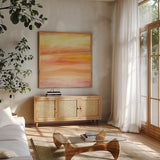 Golden Sands I by Chris Paschke. Shown in a natural wood frame in a cozy modern living room. Available as an archival giclee rolled canvas, fine art paper, or poster print. SKU 65474a.