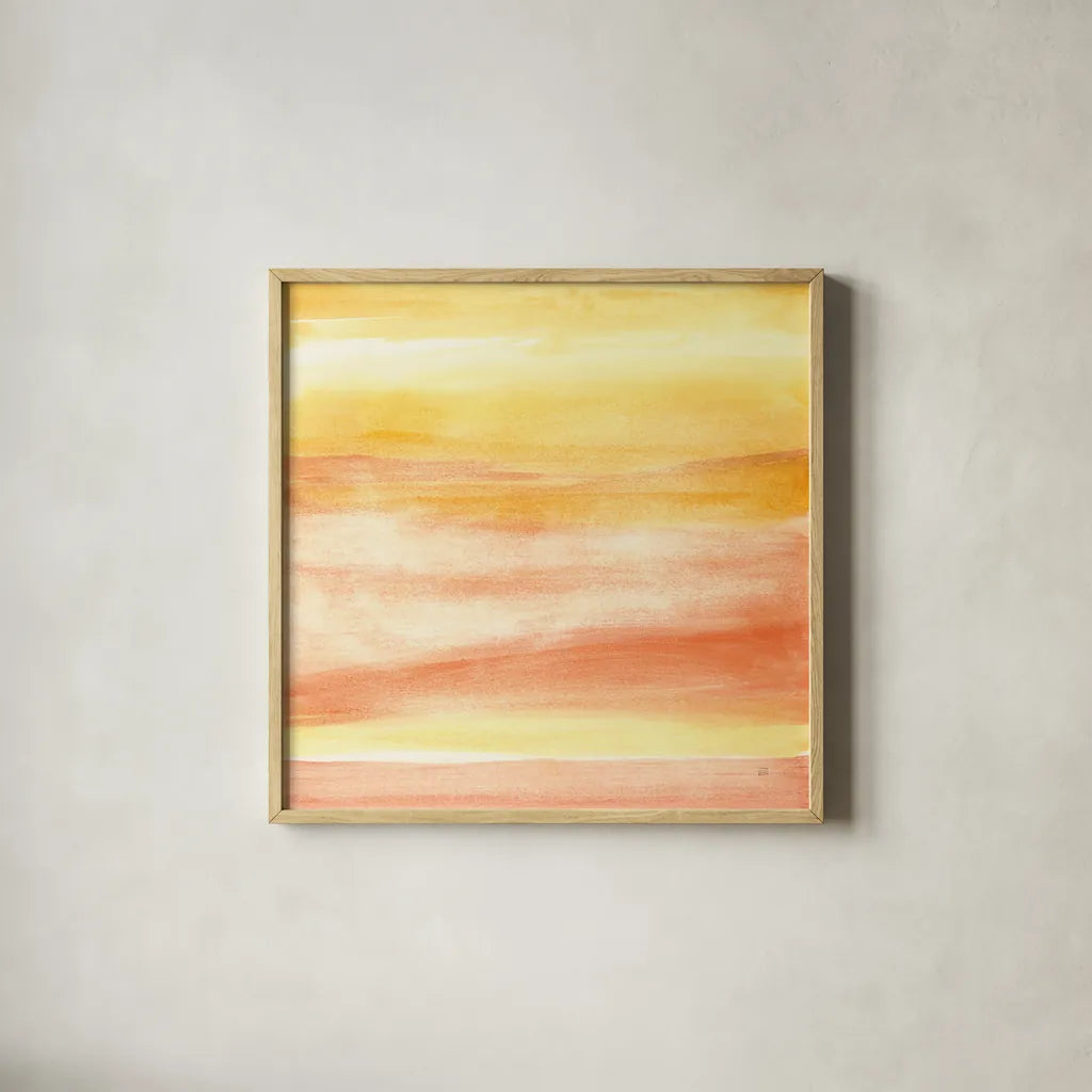 Golden Sands II by Chris Paschke. Shown in a natural wood glass frame for a timeless modern aesthetic. Available as an archival giclee rolled canvas, fine art paper, or poster print. SKU 65475a.