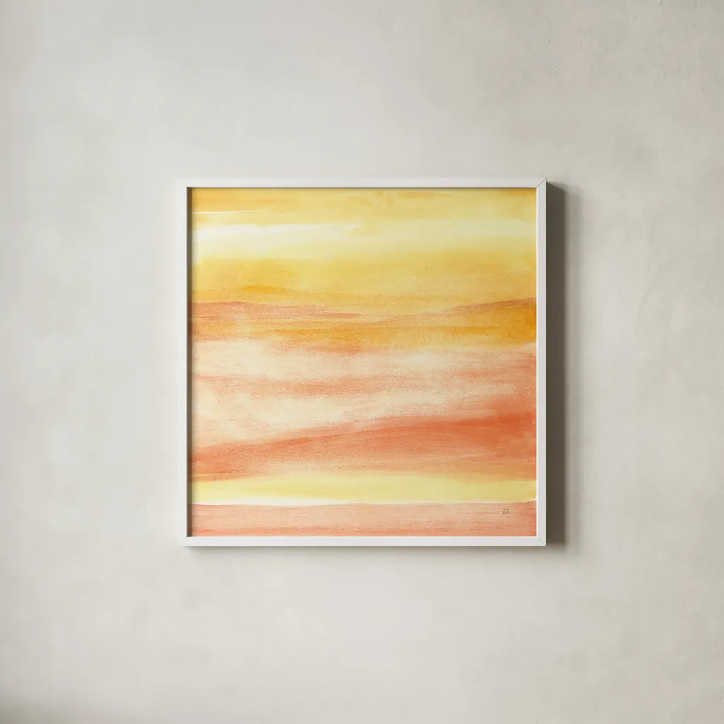 Golden Sands II by Chris Paschke. Shown in a crisp white glass frame for a clean and minimalist style. Available as an archival giclee rolled canvas, fine art paper, or poster print. SKU 65475a.