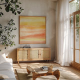 Golden Sands II by Chris Paschke. Shown in a natural wood frame in a cozy modern living room. Available as an archival giclee rolled canvas, fine art paper, or poster print. SKU 65475a.