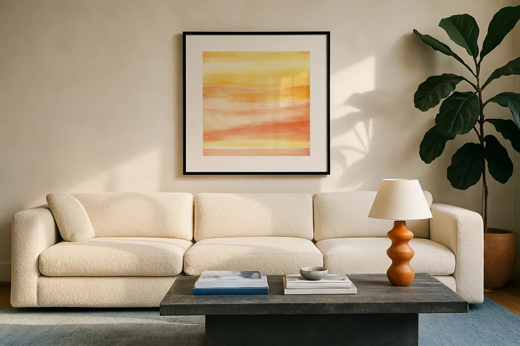 Golden Sands II by Chris Paschke. Displayed in a glass frame with matte in a clean modern living room. Available as an archival giclee rolled canvas, fine art paper, or poster print. SKU 65475a.