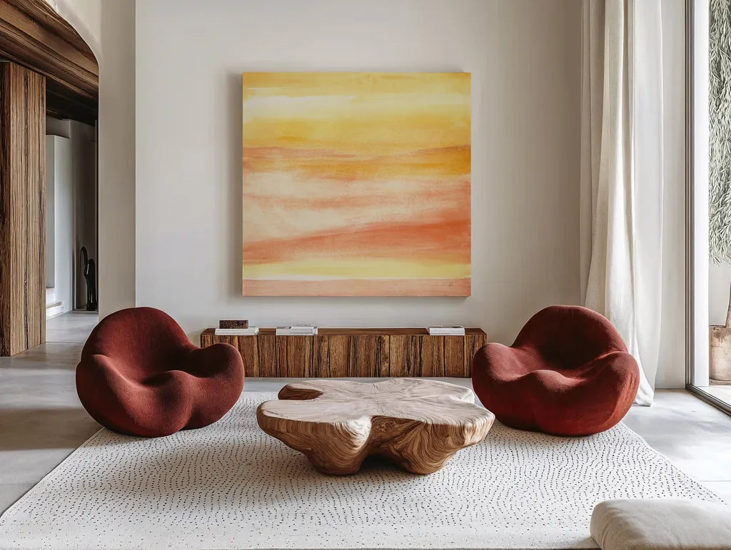 Golden Sands II by Chris Paschke. Shown as extra-large giant wall art in a modern living room. Available as an archival giclee rolled canvas, fine art paper, or poster print. SKU 65475a.
