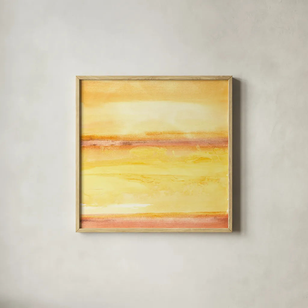 Golden Sands III by Chris Paschke. Shown in a natural wood glass frame for a timeless modern aesthetic. Available as an archival giclee rolled canvas, fine art paper, or poster print. SKU 65476a.