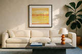 Golden Sands III by Chris Paschke. Displayed in a glass frame with matte in a clean modern living room. Available as an archival giclee rolled canvas, fine art paper, or poster print. SKU 65476a.