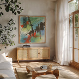 Graffiti Blue I by Chris Paschke. Shown in a natural wood frame in a cozy modern living room. Available as an archival giclee rolled canvas, fine art paper, or poster print. SKU 44540a.