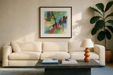 Graffiti Blue I by Chris Paschke. Displayed in a glass frame with matte in a clean modern living room. Available as an archival giclee rolled canvas, fine art paper, or poster print. SKU 44540a.