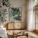 Graffiti Blue II by Chris Paschke. Shown in a natural wood frame in a cozy modern living room. Available as an archival giclee rolled canvas, fine art paper, or poster print. SKU 44541a.