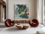 Graffiti Blue II by Chris Paschke. Shown as extra-large giant wall art in a modern living room. Available as an archival giclee rolled canvas, fine art paper, or poster print. SKU 44541a.
