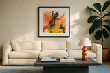 Graffiti Orange I by Chris Paschke. Displayed in a glass frame with matte in a clean modern living room. Available as an archival giclee rolled canvas, fine art paper, or poster print. SKU 44542a.
