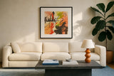 Graffiti Orange II by Chris Paschke. Displayed in a glass frame with matte in a clean modern living room. Available as an archival giclee rolled canvas, fine art paper, or poster print. SKU 44543a.