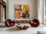 Graffiti Orange II by Chris Paschke. Shown as extra-large giant wall art in a modern living room. Available as an archival giclee rolled canvas, fine art paper, or poster print. SKU 44543a.