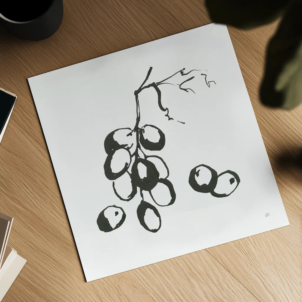 Grapes I BW by Chris Paschke. Shown as a detailed flat fine art print, highlighting archival giclee quality. Available as an archival giclee rolled canvas, fine art paper, or poster print. SKU 64214a.