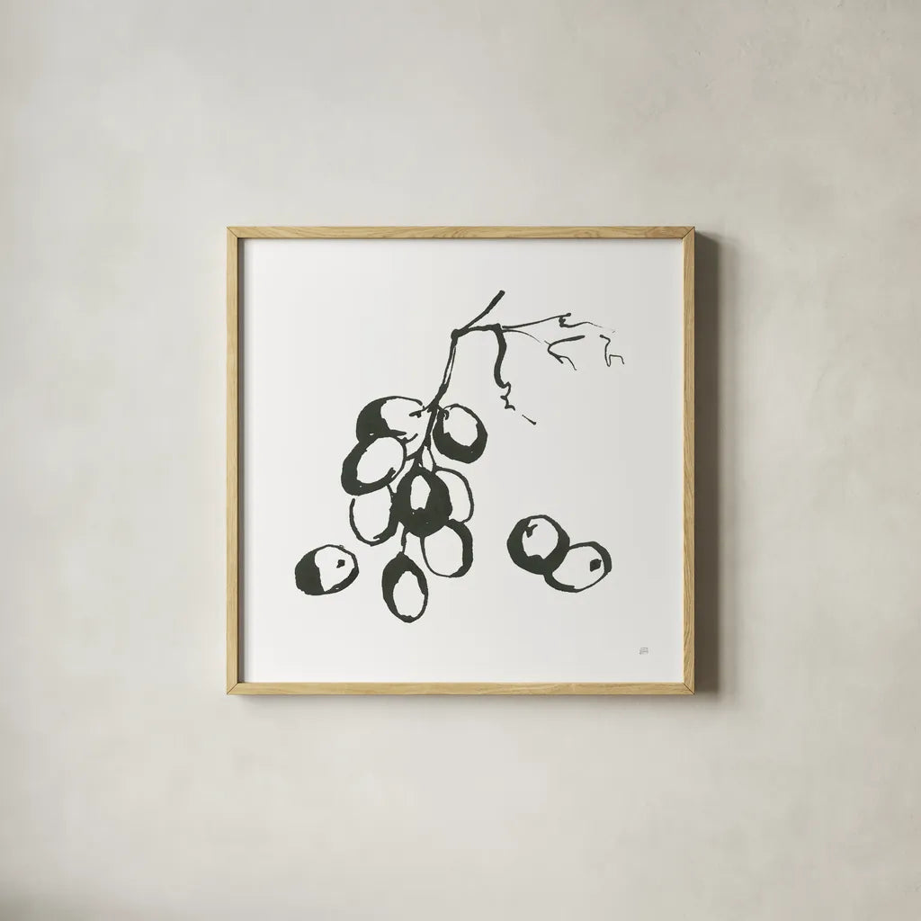 Grapes I BW by Chris Paschke. Shown in a natural wood glass frame for a timeless modern aesthetic. Available as an archival giclee rolled canvas, fine art paper, or poster print. SKU 64214a.